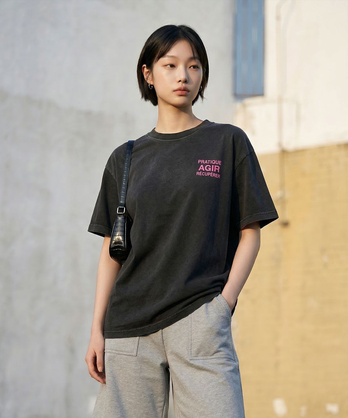 랑가주망(LENGAGEMENT) AGIR Salt Wash Crop Short Sleeve T-Shirt (Black)
