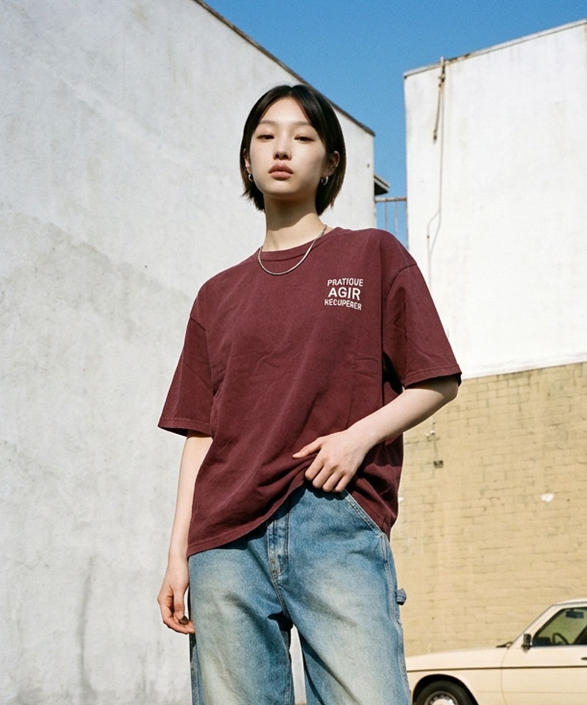 랑가주망(LENGAGEMENT) AGIR Salt Wash Crop Short Sleeve T-Shirt (Red)
