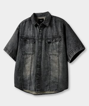 페이드워싱 데님 트러커 하프 셔츠_빈티지 블랙