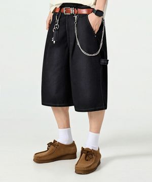 바이오워싱 카펜터 버뮤다 코튼 팬츠_블랙