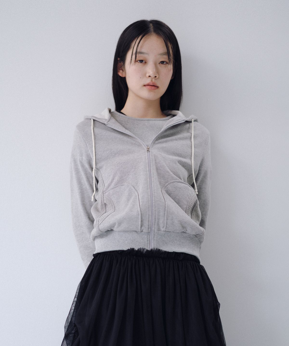 오헤시오(OHESHIO) TWO-TONE WAFFLE HOODED ZIP-UP, MELANGE