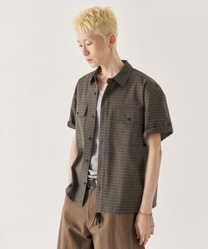 [크롭] 롤업 체크 크롭 반팔 셔츠_브라운 [나시 선택]