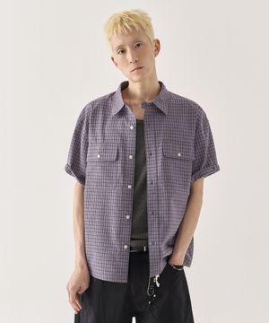 [크롭] 롤업 체크 크롭 반팔 셔츠_퍼플 [나시 선택]