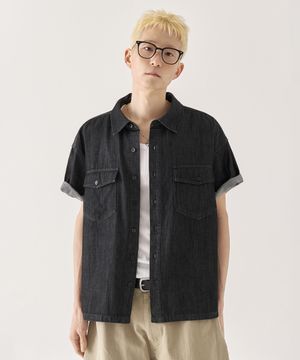 [크롭] 데님 크롭 반팔 셔츠_블랙 [나시 선택]