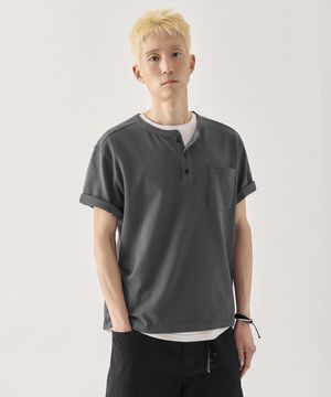 [크롭] 헤비 코튼 롤업 헨리넥 반팔 티셔츠_차콜