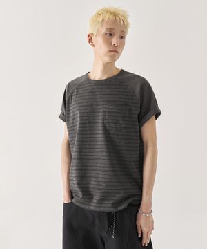 [크롭] 스트라이프 크롭 워싱 반팔 티셔츠_차콜