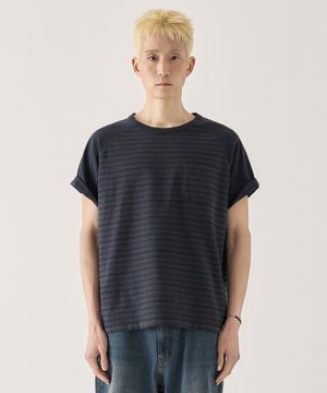 [크롭] 스트라이프 크롭 워싱 반팔 티셔츠_네이비