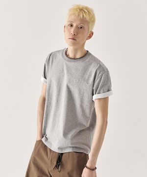 [크롭] 배색 롤업 크롭 반팔 티셔츠_멜란지 그레이