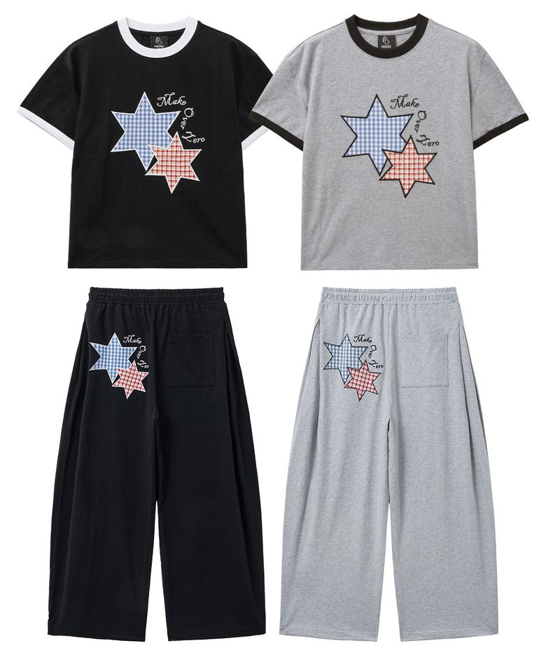 [SET] 스타패치 2type 링거 반팔티셔츠+사이드턱 와이드 트레이닝 팬츠
