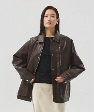 Varen Faux Leather Field Jacket_BROWN