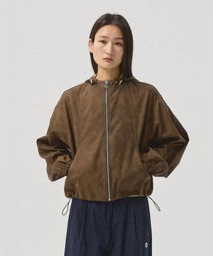 Kael Crack Faux Leather Hood Wind Jacket_BROWN