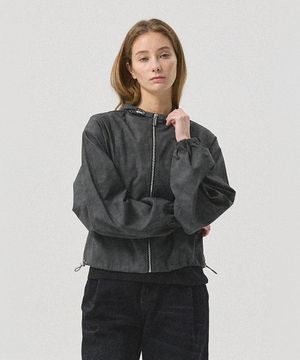 Kael Crack Faux Leather Hood Wind Jacket_BLACK