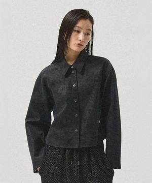 Arx Crack Faux Leather Shirt Jacket_BLACK