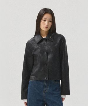 Arden Vintage Crack Faux Leather Short Jacket_BLACK