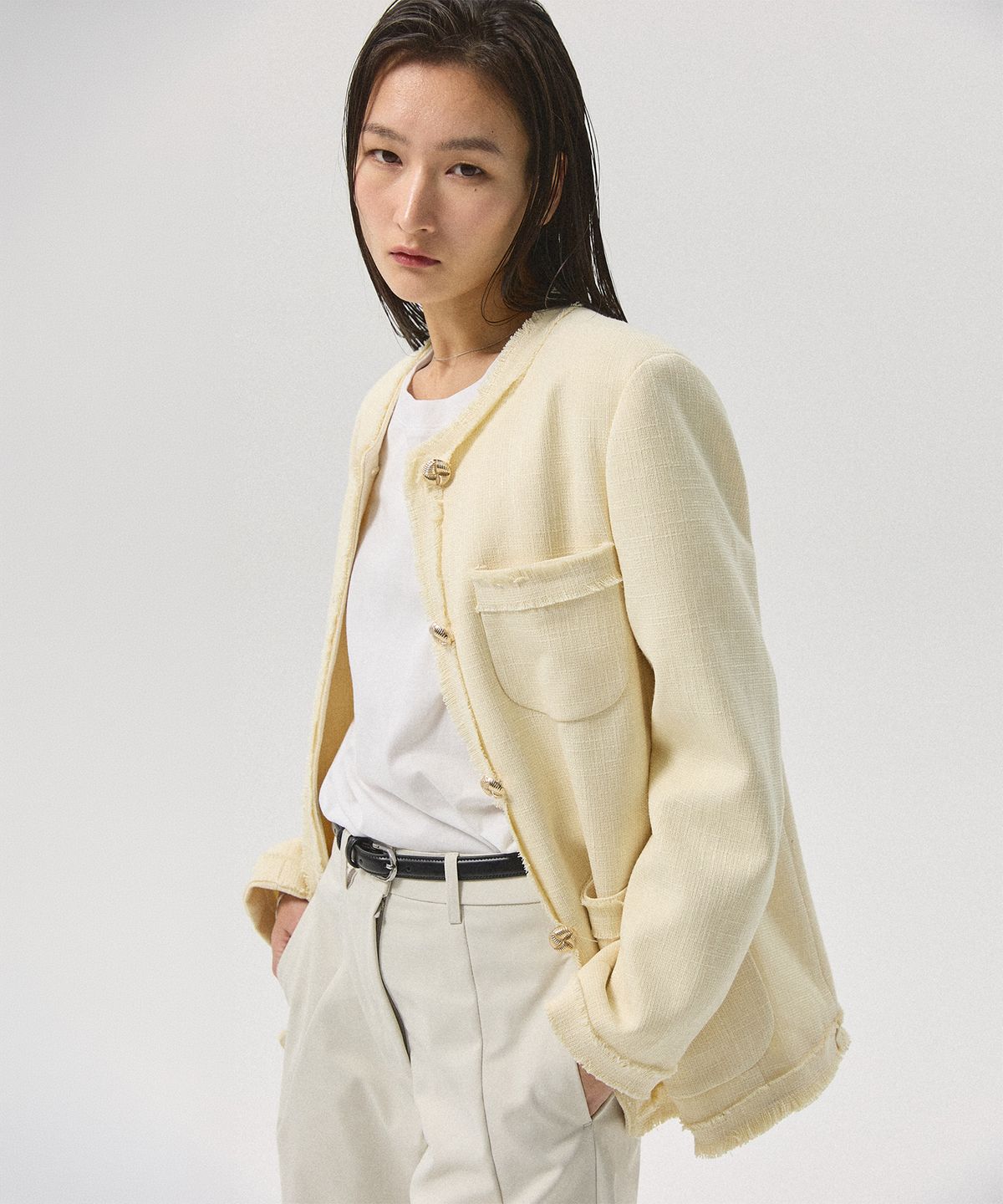 아흐레(AHRE) Amel Classic Fringe Tweed Jacket_CREAM