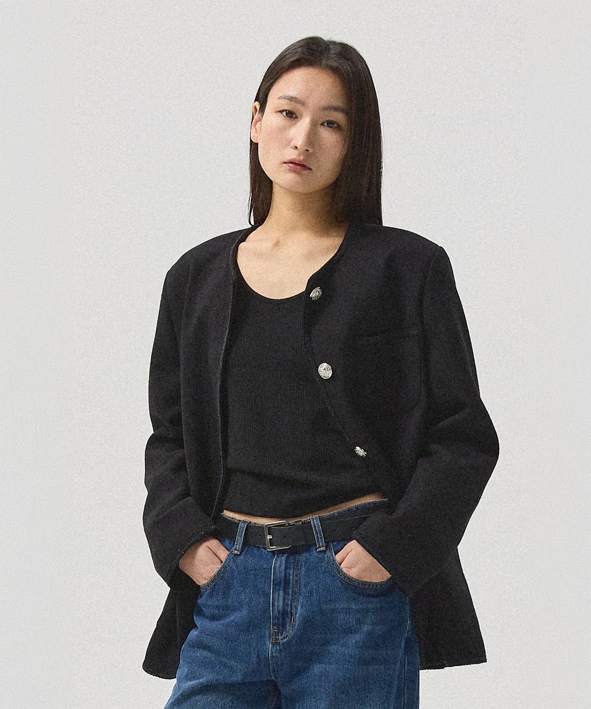 아흐레(AHRE) Rielle Slub Tweed Oversized Jacket_BLACK