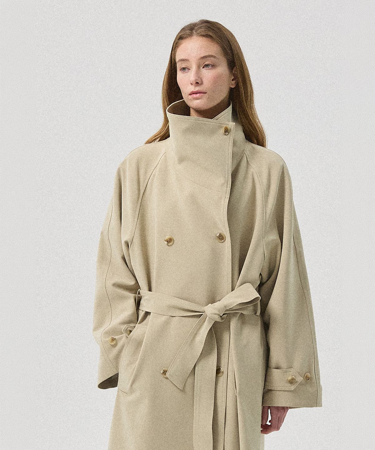 아흐레(AHRE) Arden Oversized Double Belted Trench Coat_BEIGE