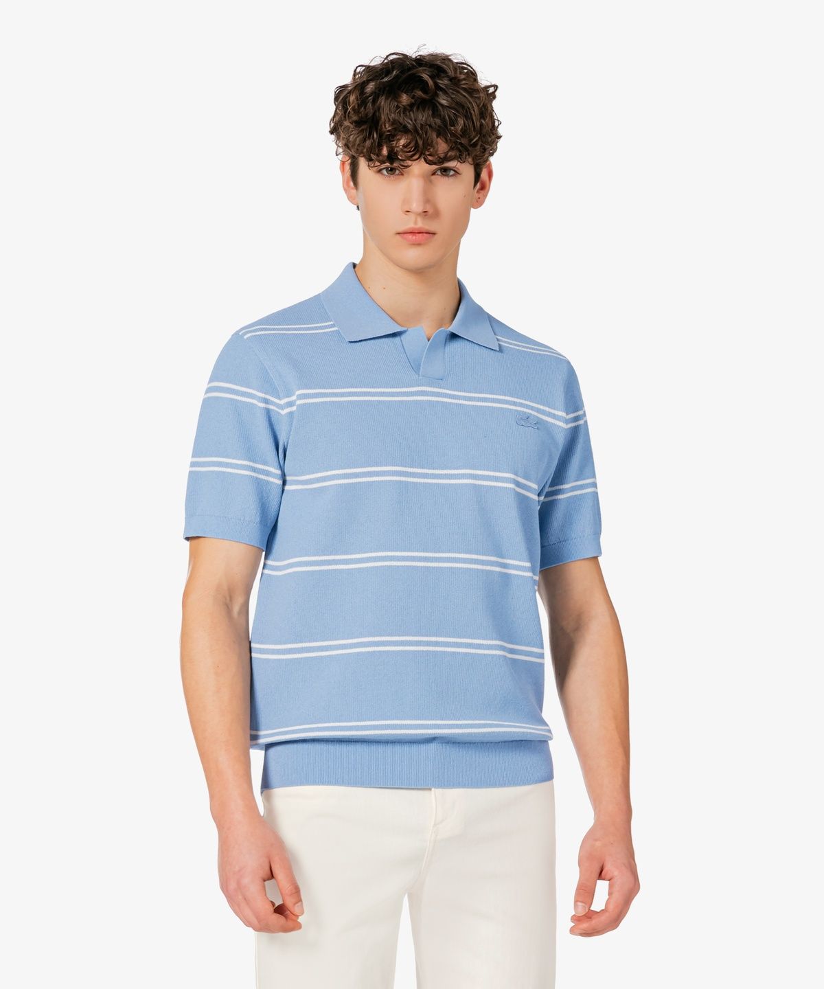라코스테(LACOSTE) 남성 오픈카라 핀 스트라이프 반팔 스웨터 폴로 셔츠 PH396E-56G AEY