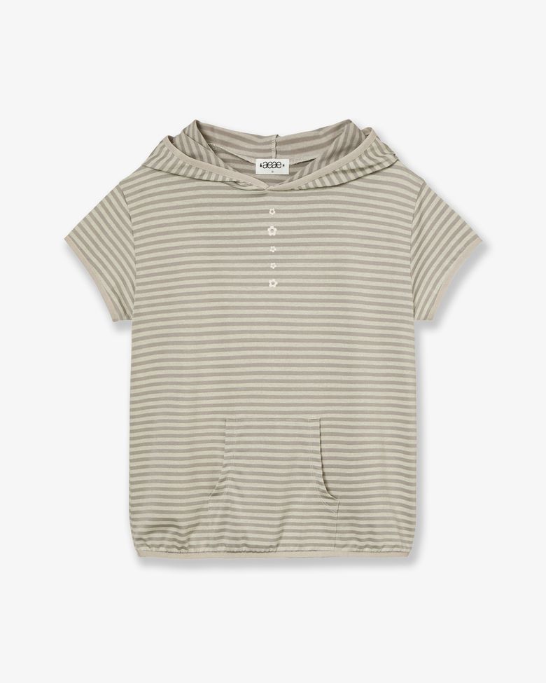 STRIPE HALF SLEEVE HOODIE [BEIGE]