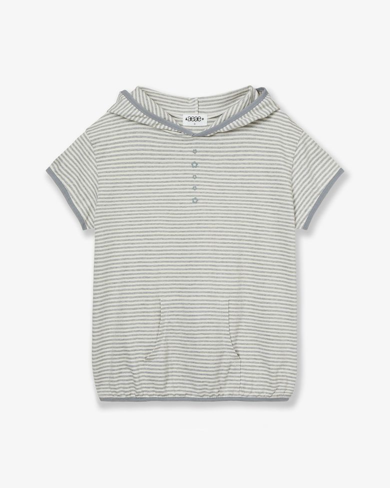STRIPE HALF SLEEVE HOODIE [GREY]
