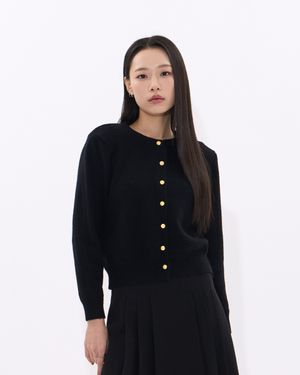 Gold Button Round-Neck Knit Cardigan (BLACK)