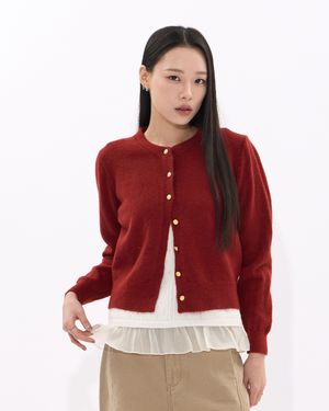 Gold Button Round-Neck Knit Cardigan (RED)