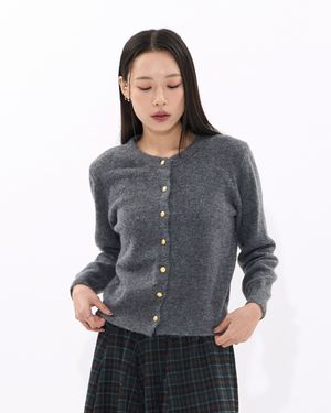 Gold Button Round-Neck Knit Cardigan (CHARCOAL)