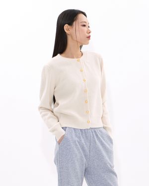 Gold Button Round-Neck Knit Cardigan (IVORY)
