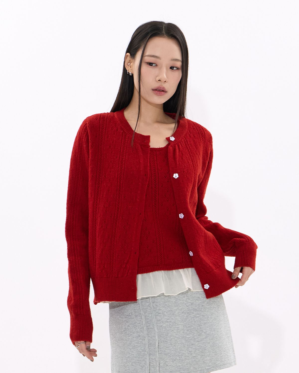 모아(MOAA) Punching Cardigan & Chiffon Bustier Set (RED)
