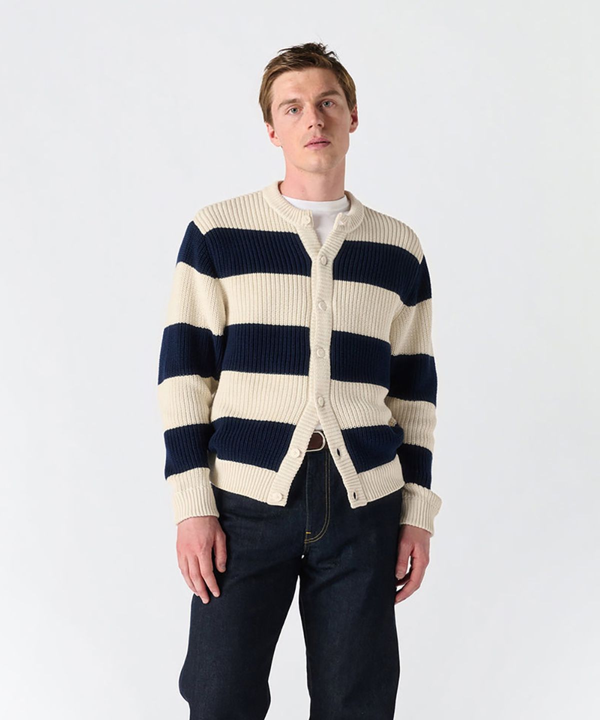 노아(NOAH) (U) 코튼 스웨터 카디건 화이트 네이비 COTTON SWEATER CARDIGAN WHITE/NAVY