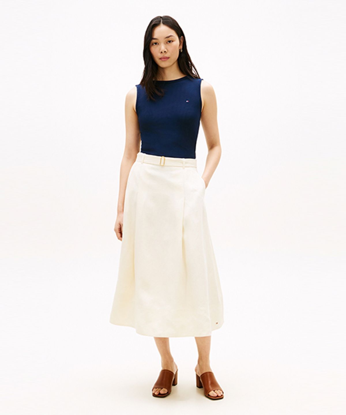 타미힐피거(TOMMY HILFIGER) 린넨 벨트 미디 스커트 (T22G1WSC060WT2AEF)