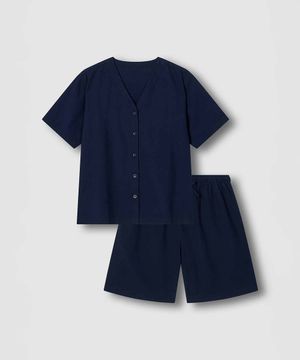 여 시어서커 브이넥 5부 파자마 세트_네이비