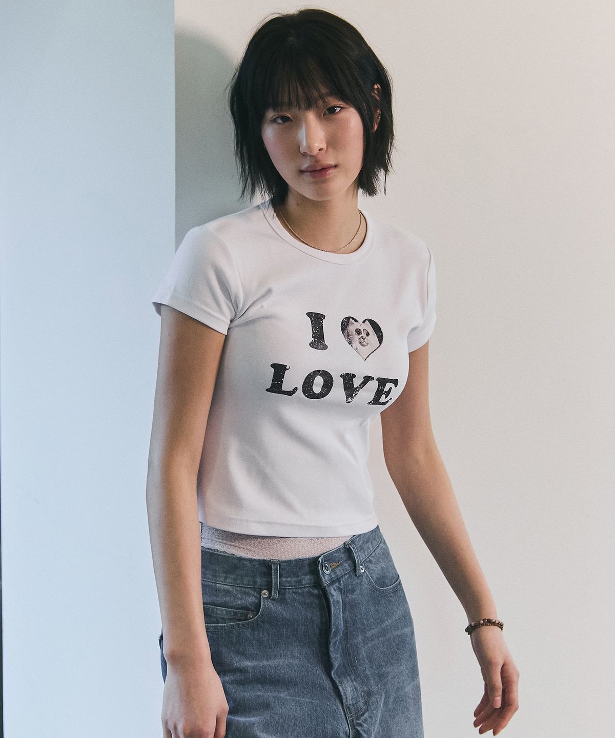 블루썬플라워(BLUESUNFLOWER) 아이 러브 캣 크롭 티 [화이트]