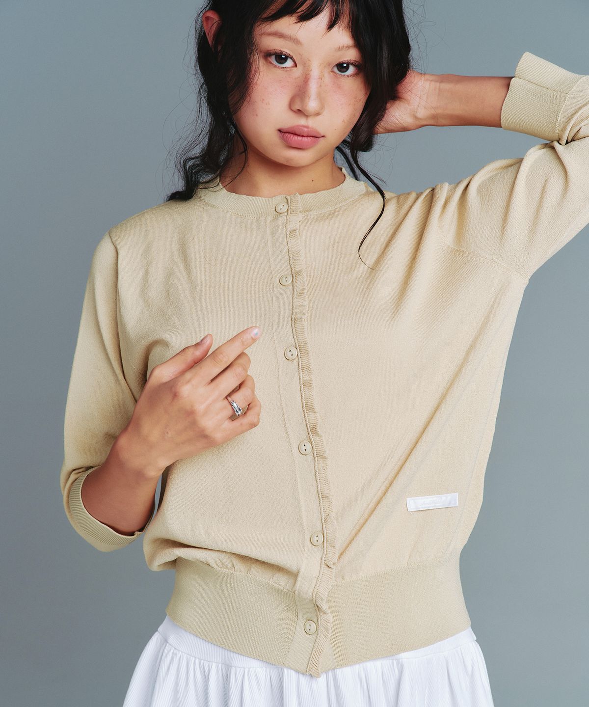 아메스 월드와이드(AMES-WORLDWIDE) CLASSIC 3/4 SLEEVE RUFFLE CARDIGAN GREEN