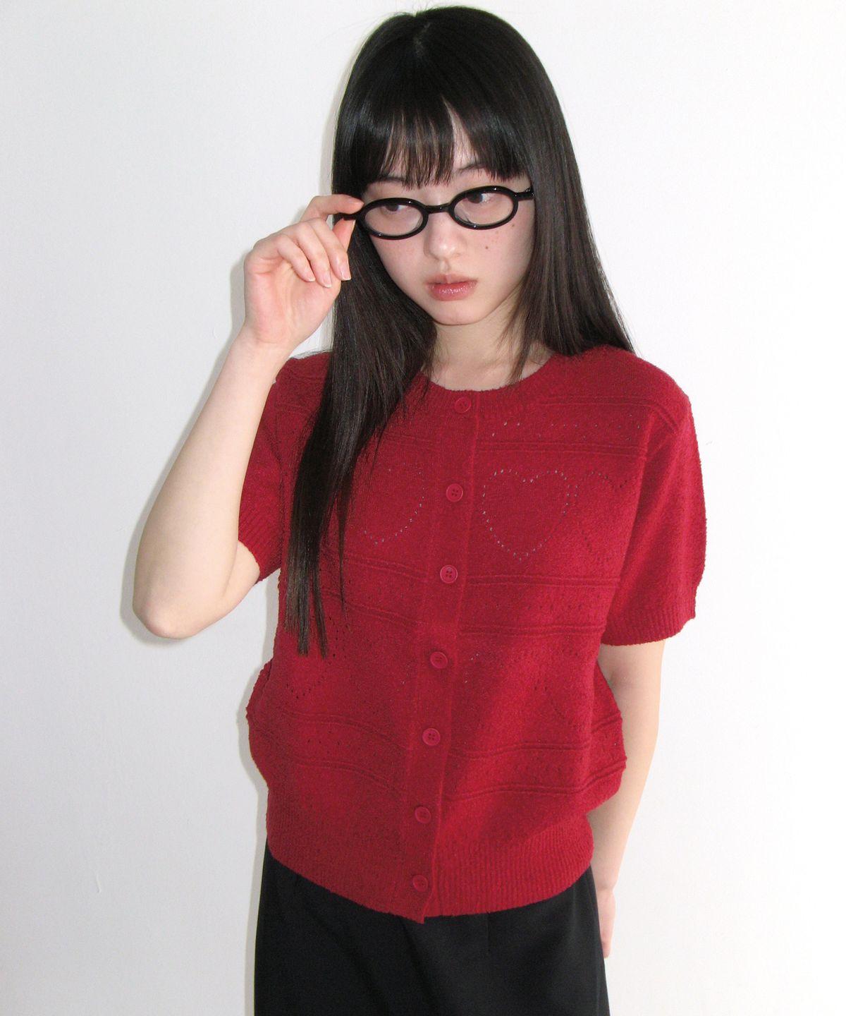 아메스 월드와이드(AMES-WORLDWIDE) HEART CROCHET SHORT SLEEVE CARDIGAN RED