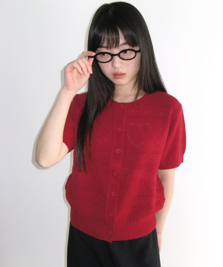 HEART CROCHET SHORT SLEEVE CARDIGAN RED