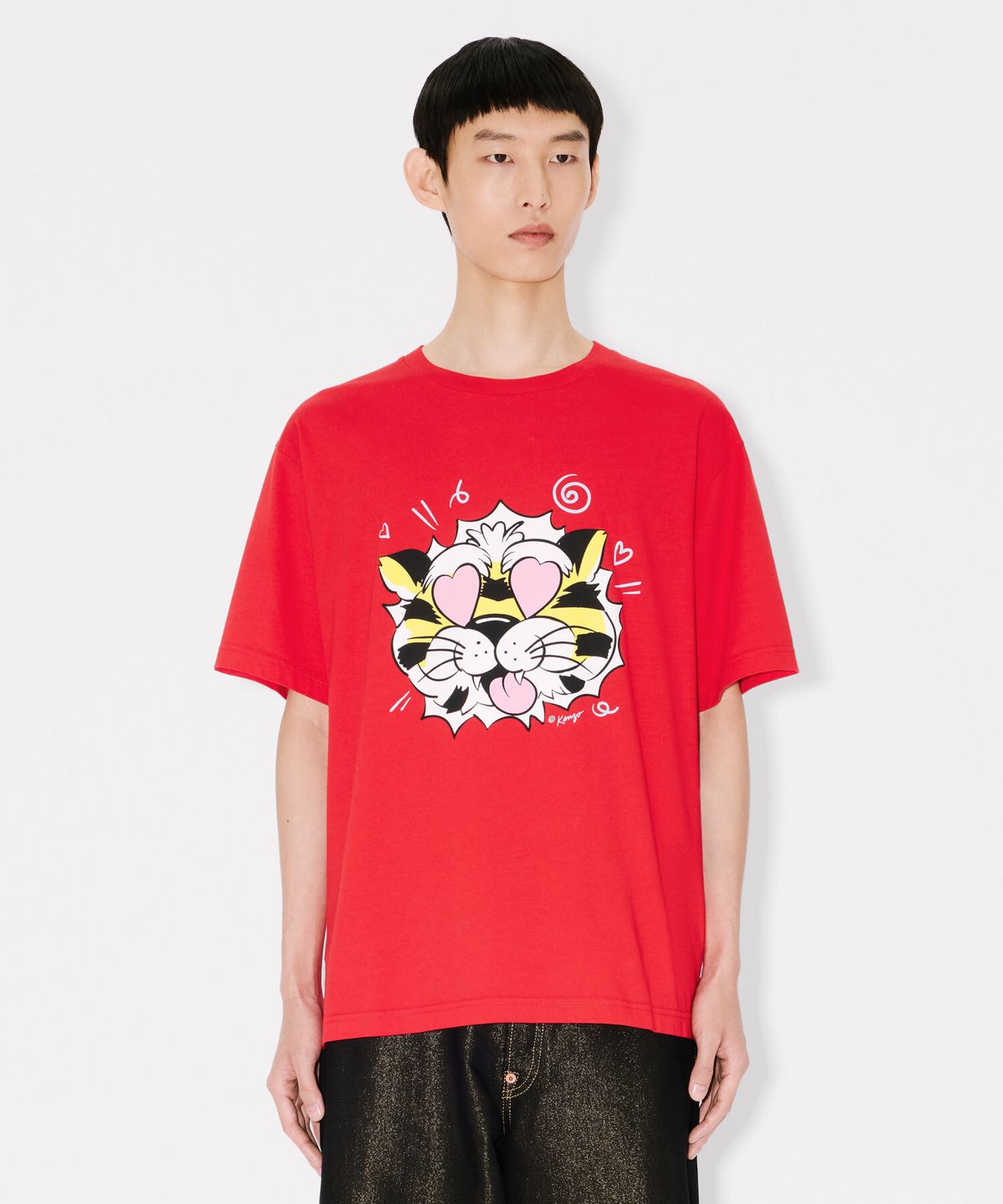 겐조(KENZO) 남성 겐조 와일드 타이거 오버사이즈 레드 반팔 티셔츠_K265AMT301RDX