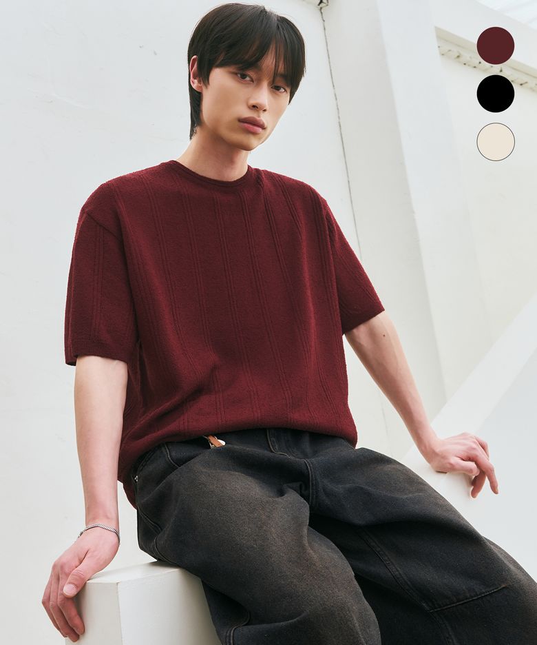 스트라이프 텍스처 라운드 하프 니트 [ 3 COLOR ]