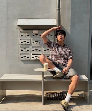 AMOU Multi Stripe Ringer T-Shirts Brown