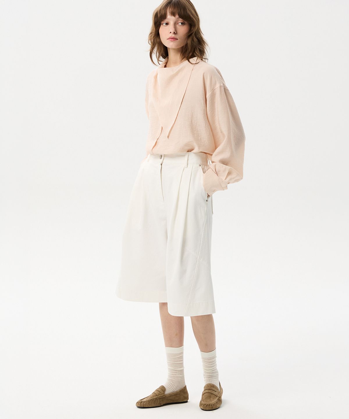 미드앤로우(MIDNLOW) Cotton Wide Bermuda Pants(White)