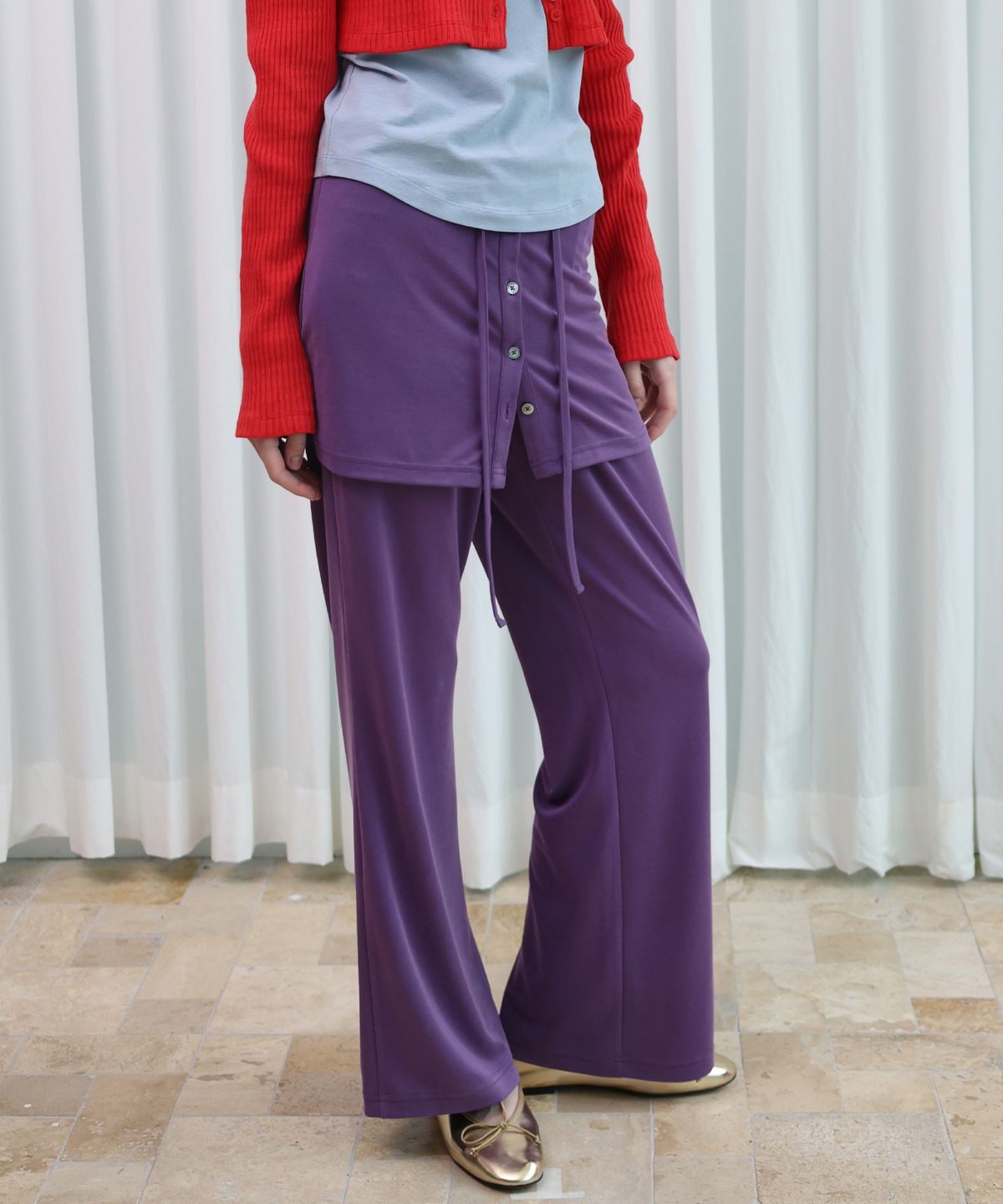 포에브(POEV) Relaxed-Fit Layered Skirt Pants - Purple