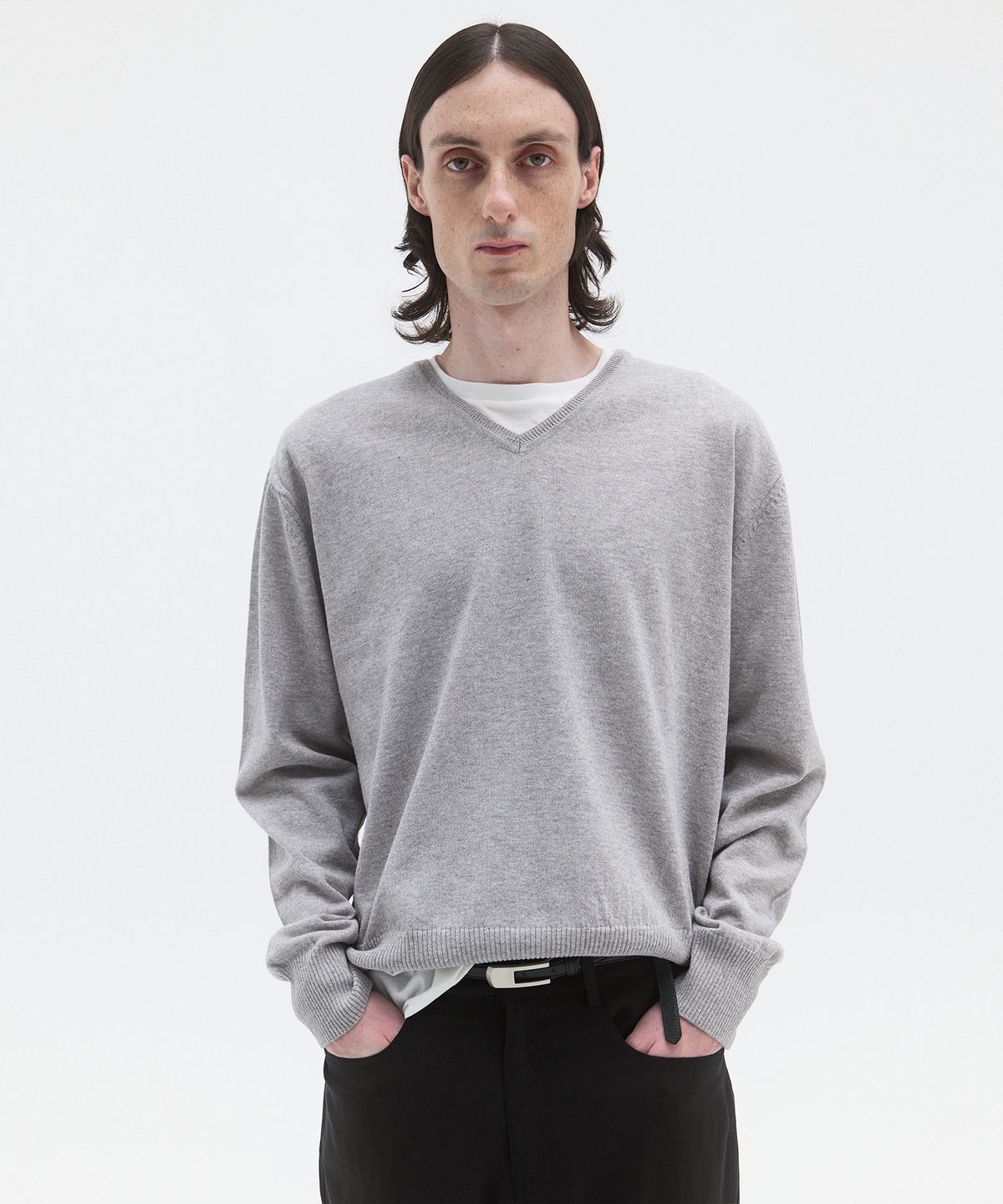 윈더(WINDER) BAMBOO V-NECK SWEATER - MELANGE GREY