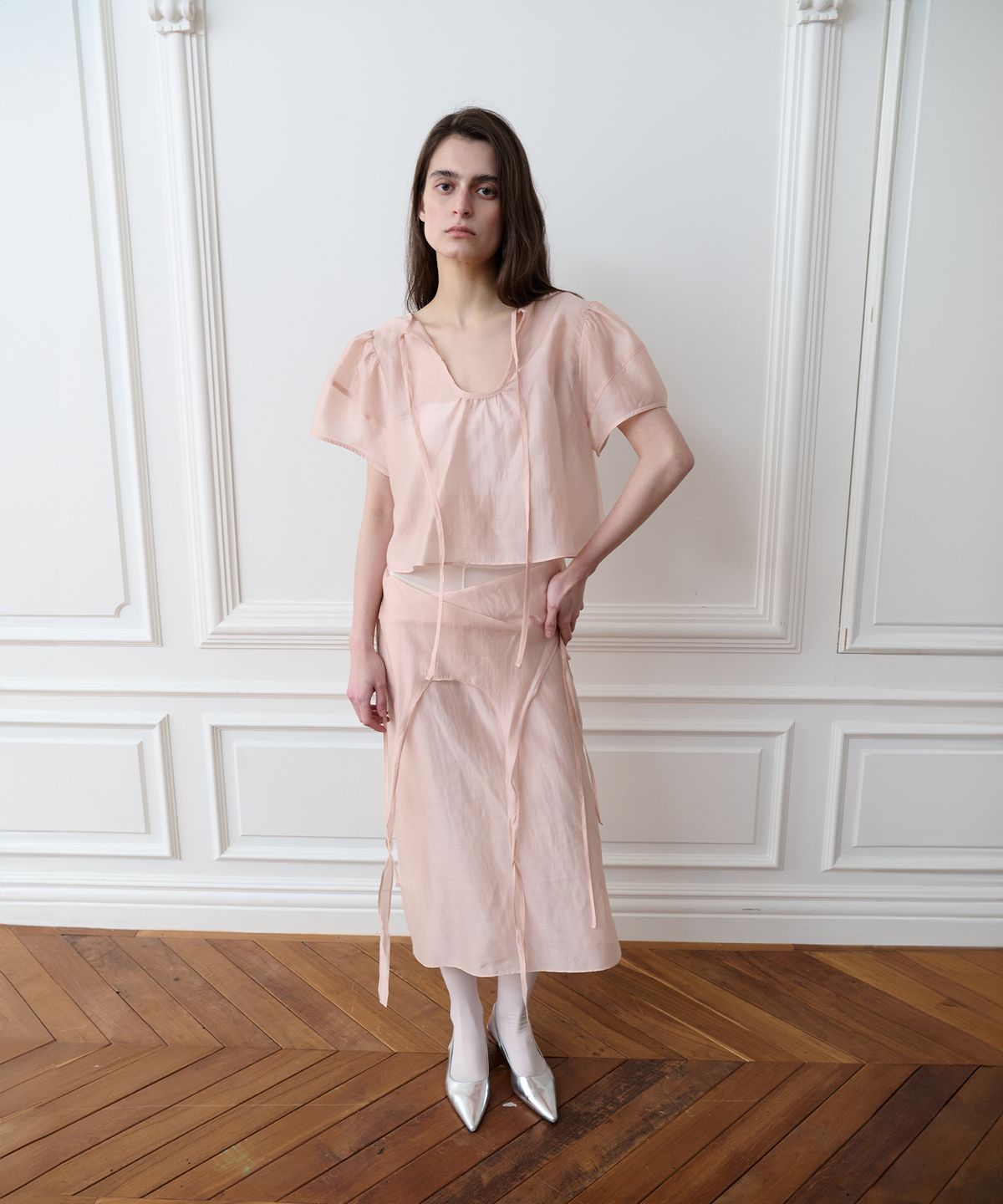 더포르타(THEPORTA) SHEER PUFF RIBBON BLOUSE, PETAL PINK