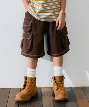 KIDS CARGO COTTON PANTS - BROWN