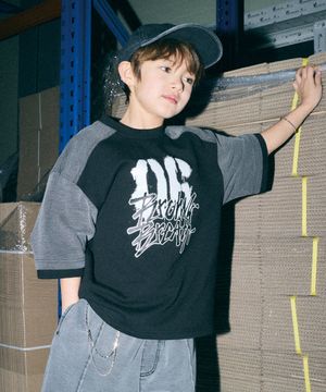 KIDS TAG JERSEY DENIM MIX TEE - BLACK