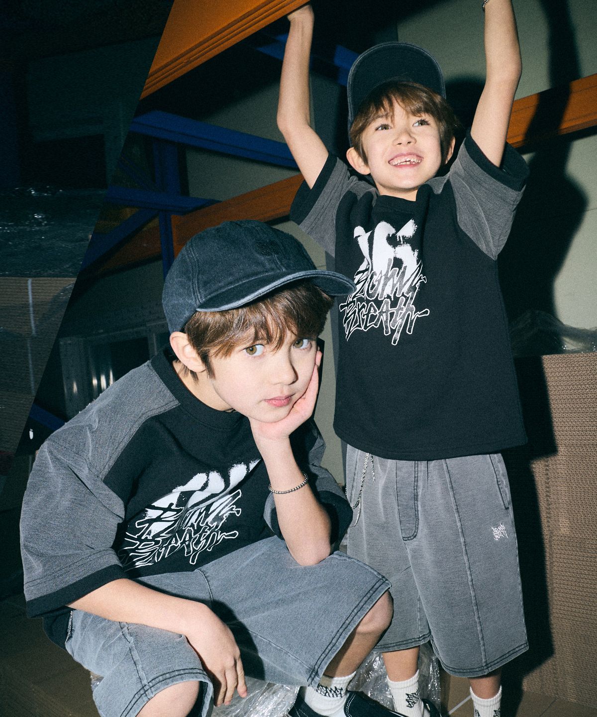 브라운브레스 키즈(BROWNBREATH KIDS) KIDS TAG JERSEY DENIM MIX SETUP - BLACK