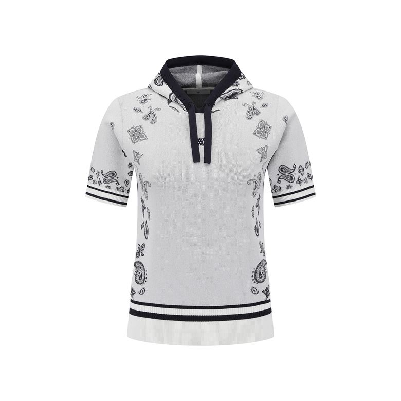 WOMEN PAISLEY HOODED SHORT SLEEVE SWEATER_WH
