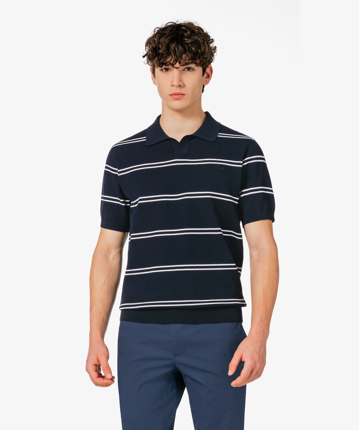 라코스테(LACOSTE) 남성 오픈카라 핀 스트라이프 반팔 스웨터 폴로 셔츠 PH396E-56G 166