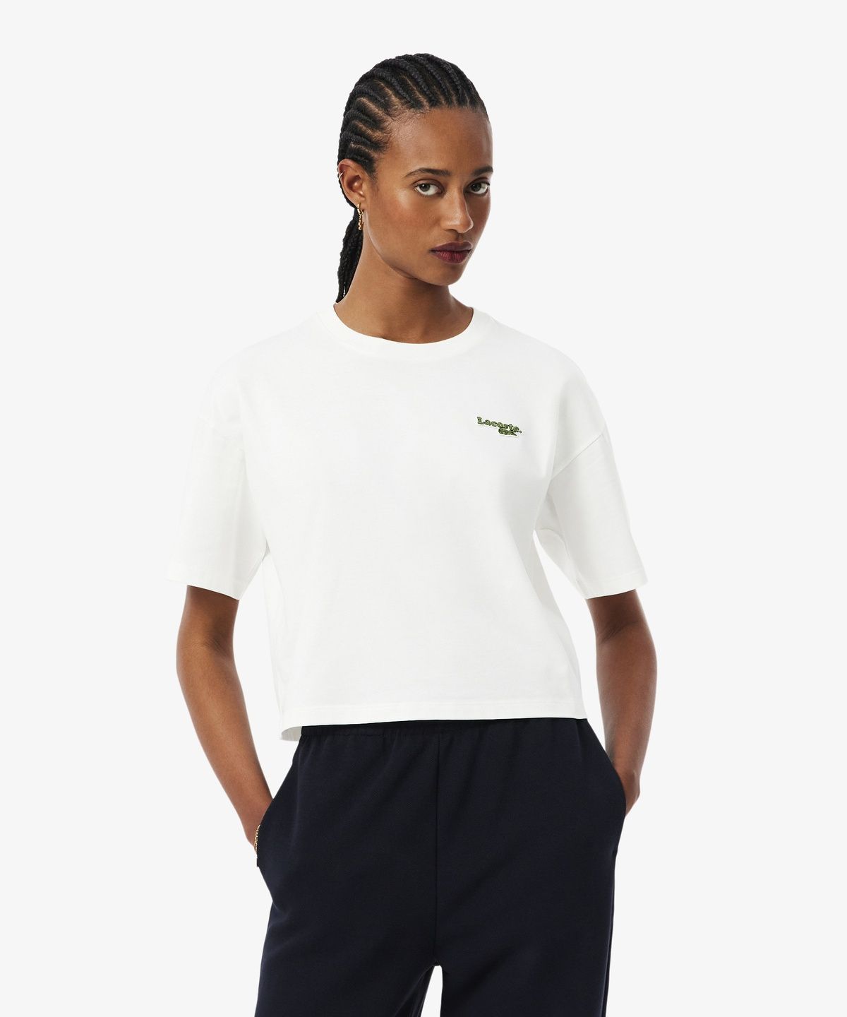 라코스테(LACOSTE) 여성 소프트브랜딩 세미 크롭 티셔츠 TF7605-56G 70V