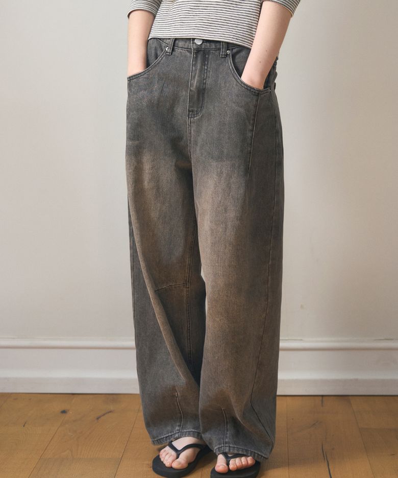 WIDE VOLUME BAGGY FIT BANDING DENIM PANTS 2COL_CHARCOAL